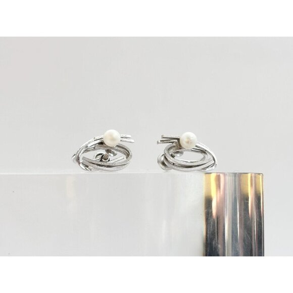 Abatract Modernist Ribbed Screw Back Sterling Faux Pearl Vintage Stud Earrings - Picture 9 of 10